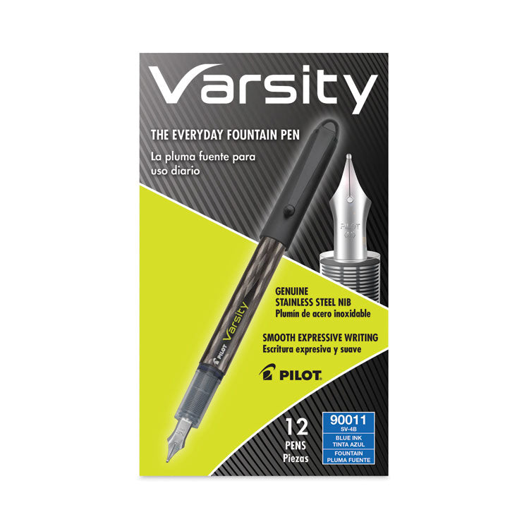 Pilot® Varsity Fountain Pen, Medium 1 mm, Blue Ink, Clear/Black/Blue Barrel (PIL90011)