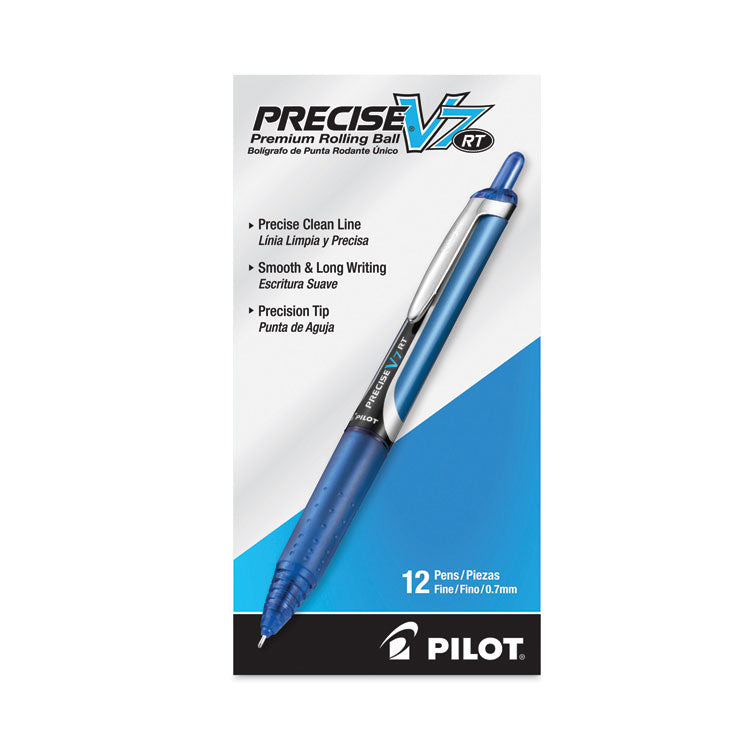 Pilot® Precise V7RT Roller Ball Pen, Retractable, Fine 0.7 mm, Blue Ink, Blue Barrel, Dozen (PIL26068)