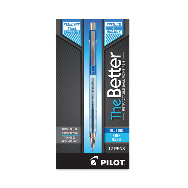 Pilot® Better Ballpoint Pen, Retractable, Fine 0.7 mm, Blue Ink, Translucent Blue Barrel, Dozen (PIL30001)