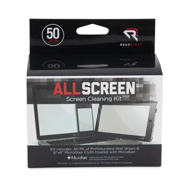 Read Right® AllScreen Screen Cleaning Kit, Individually Wrapped Presaturated Wipes, 1 Microfiber Cloth, 5 x 4, Unscented, White, 50/Box (REARR15039)