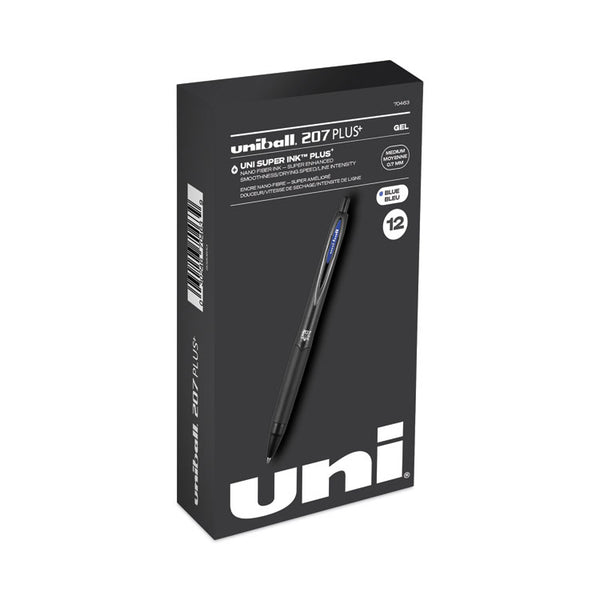 uniball® 207 Plus+ Gel Pen, Retractable, Medium 0.7 mm, Blue Ink, Black Barrel, Dozen (UBC70463)