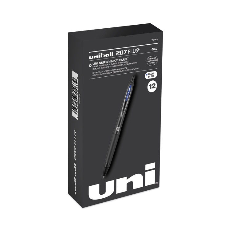 uniball® 207 Plus+ Gel Pen, Retractable, Medium 0.7 mm, Blue Ink, Black Barrel, Dozen (UBC70463) 1 Dozen