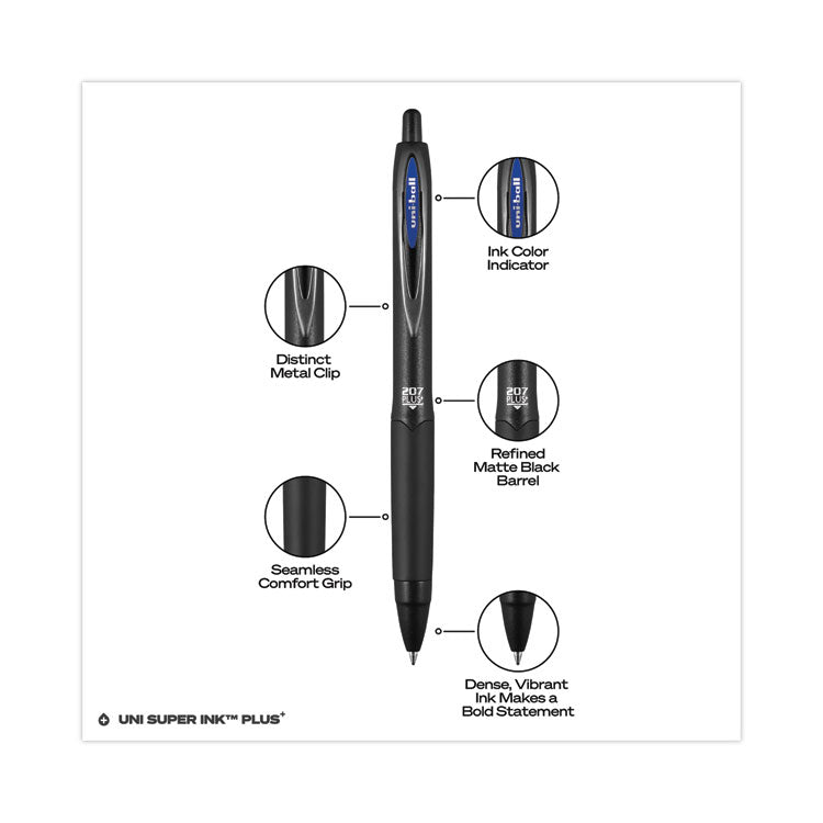uniball® 207 Plus+ Gel Pen, Retractable, Medium 0.7 mm, Blue Ink, Black Barrel, Dozen (UBC70463) 1 Dozen