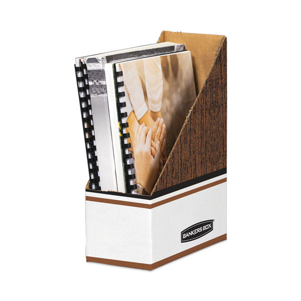 Bankers Box® Corrugated Cardboard Magazine File, 4 x 11 x 12.25, Wood Grain, 12/Carton (FEL07224)