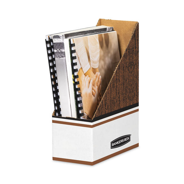 Bankers Box® Corrugated Cardboard Magazine File, 4 x 9 x 11.5, Wood Grain, 12/Carton (FEL07223)