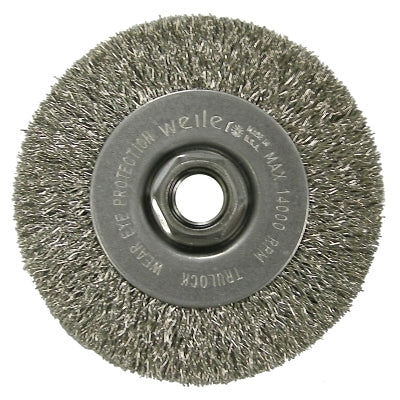 Weiler Crimped Wire Wheel, 4 in dia x 1/2 in W, 0.014 in Stainless Steel Wire, 14000 RPM (804-13085) Each