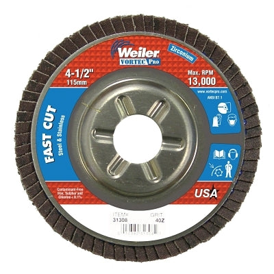 Weiler Vortec Pro Abrasive Flap Discs,4.5", 40 Grit, 7/8 Arbor, 13,000 rpm, Alum Back (804-31308) 10 EA / BOX