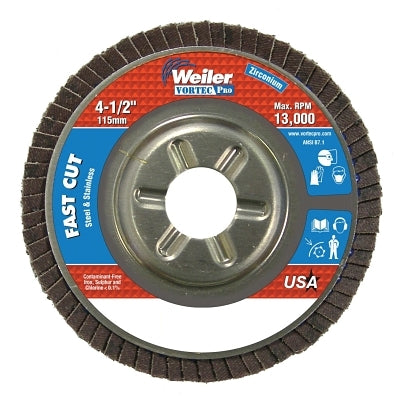Weiler Vortec Pro Abrasive Flap Discs,4.5", 80 Grit, 7/8 Arbor, 13,000 rpm, Alum Back (804-31310) Box of 10