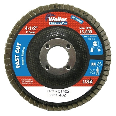 Weiler 4-1/2" Abrasive Flap Disc, Flat, Phenolic Backing, 4 oz (804-31402) Pack of 10