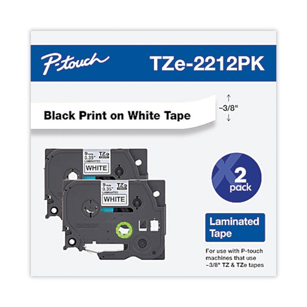 Brother P-Touch® TZe Standard Adhesive Laminated Labeling Tape, 0.35" x 26.2 ft, Black on White, 2/Pack (BRTTZE2212PK)