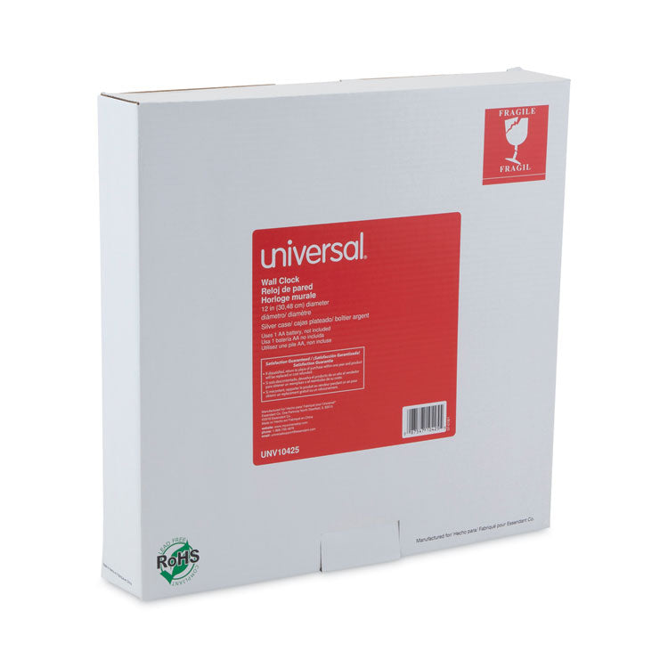 Universal® Brushed Aluminum Wall Clock, 12" Overall Diameter, Silver Case, 1 AA (sold separately) (UNV10425) Each