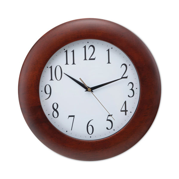 Universal® Round Wood Wall Clock, 12.75" Overall Diameter, Cherry Case, 1 AA (sold separately) (UNV10414)