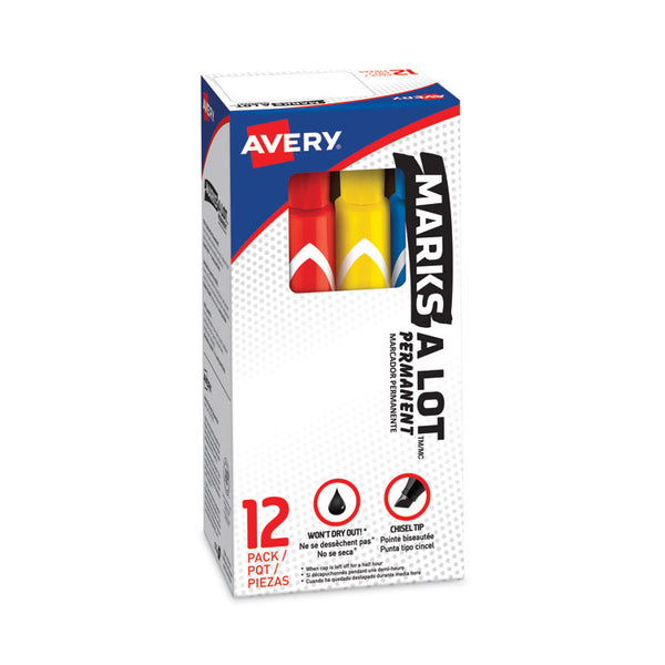 Avery® MARKS A LOT Large Desk-Style Permanent Marker, Broad Chisel Tip, Assorted Colors, 12/Set (24800) (AVE24800)