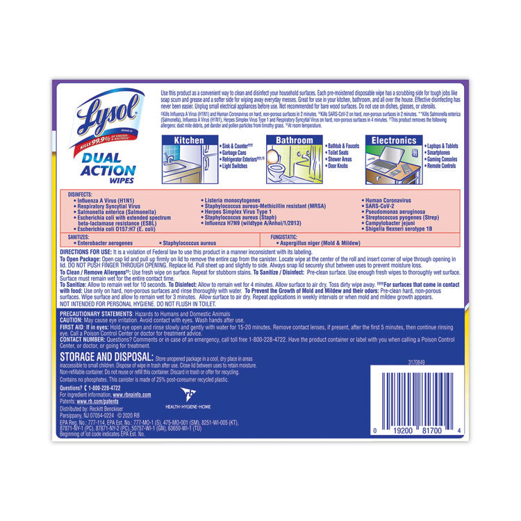 LYSOL® Brand Dual Action Disinfecting Wipes, 1-Ply, 7 x 7.5, Citrus, White/Purple, 75/Canister (RAC81700)