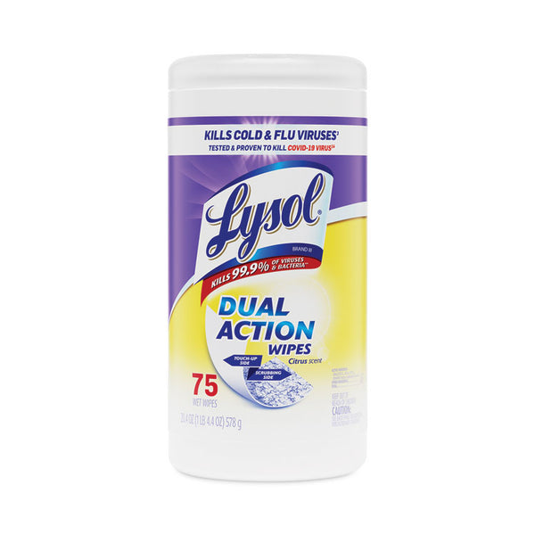 LYSOL® Brand Dual Action Disinfecting Wipes, 1-Ply, 7 x 7.5, Citrus, White/Purple, 75/Canister (RAC81700)