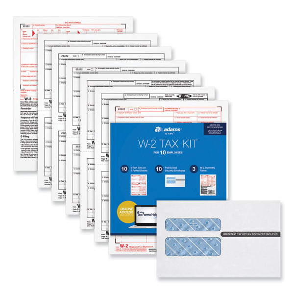 Adams® 6-Part W-2 Online Tax Kit, Fiscal Year: 2022, Six-Part Carbonless, 8 x 5.5, 2 Forms/Sheet, 10 Forms Total (TOP22908KIT)