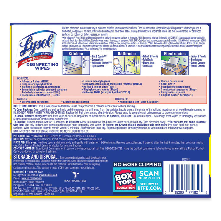 LYSOL® Brand Disinfecting Wipes, 1-Ply, 7 x 7.25, Lemon and Lime Blossom, White, 80 Wipes/Canister (RAC77182EA)