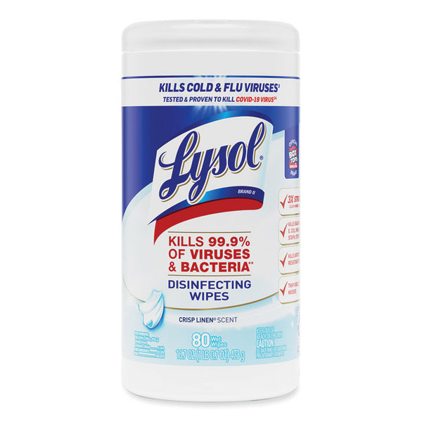LYSOL® Brand Disinfecting Wipes, 1-Ply, 7 x 7.25, Crisp Linen, White, 80 Wipes/Canister (RAC89346)