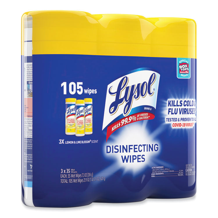 LYSOL® Brand Disinfecting Wipes, 1-Ply, 7 x 7.25, Lemon and Lime Blossom, White, 35 Wipes/Canister, 3 Canisters/Pack (RAC82159PK)
