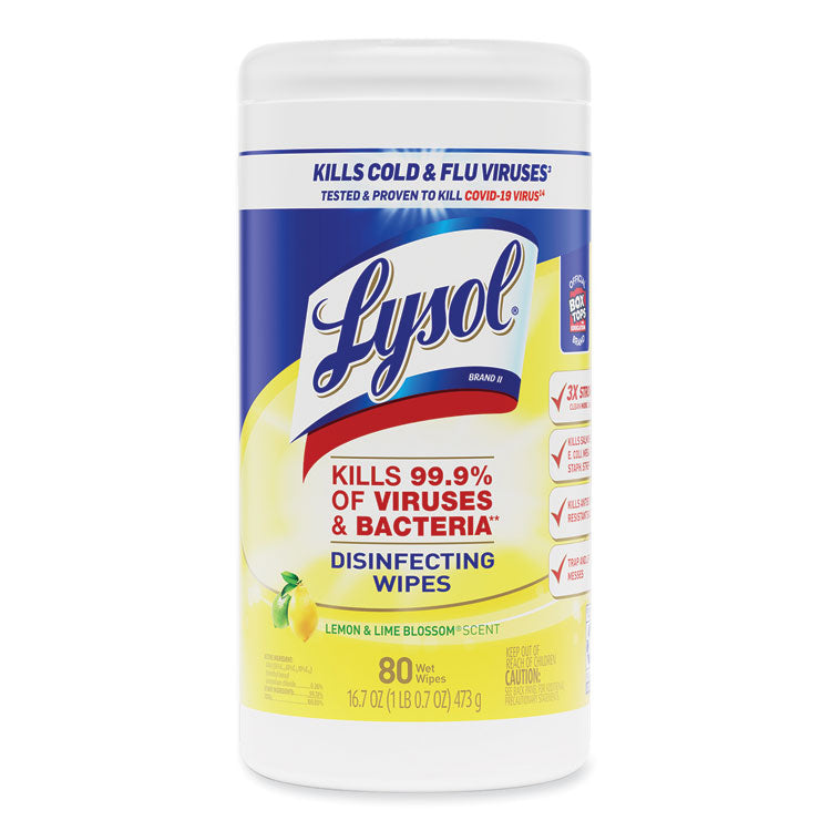 LYSOL® Brand Disinfecting Wipes, 1-Ply, 7 x 7.25, Lemon and Lime Blossom, White, 80 Wipes/Canister, 6 Canisters/Carton (RAC77182CT)