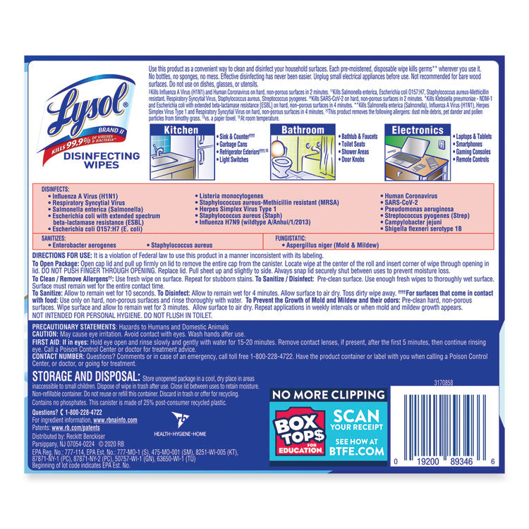 LYSOL® Brand Disinfecting Wipes, 1-Ply, 7 x 7.25, Crisp Linen, White, 80 Wipes/Canister (RAC89346)