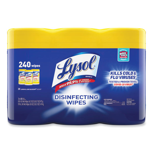 LYSOL® Brand Disinfecting Wipes, 1-Ply, 7 x 7.25, Lemon and Lime Blossom, White, 80 Wipes/Canister, 3 Canisters/Pack (RAC84251PK)