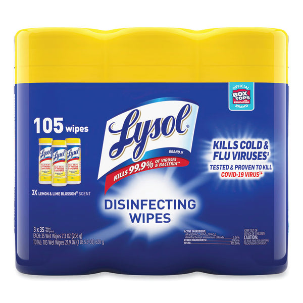 LYSOL® Brand Disinfecting Wipes, 1-Ply, 7 x 7.25, Lemon and Lime Blossom, White, 35 Wipes/Canister, 3 Canisters/Pack, 4 Packs/Carton (RAC82159CT)