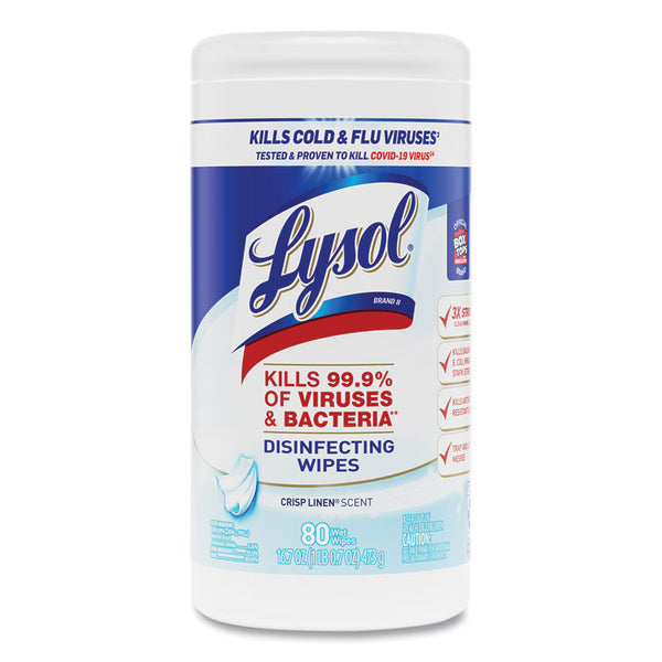 LYSOL® Brand Disinfecting Wipes, 1-Ply, 7 x 7.25, Crisp Linen, White, 80 Wipes/Canister, 6 Canisters/Carton (RAC89346CT)