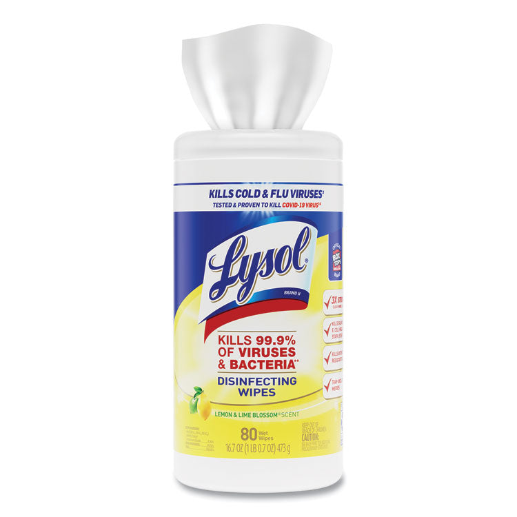 LYSOL® Brand Disinfecting Wipes, 1-Ply, 7 x 7.25, Lemon and Lime Blossom, White, 80 Wipes/Canister, 6 Canisters/Carton (RAC77182CT)