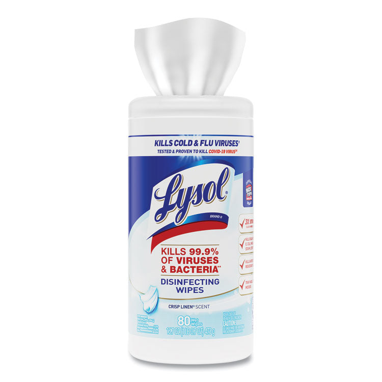 LYSOL® Brand Disinfecting Wipes, 1-Ply, 7 x 7.25, Crisp Linen, White, 80 Wipes/Canister, 6 Canisters/Carton (RAC89346CT)