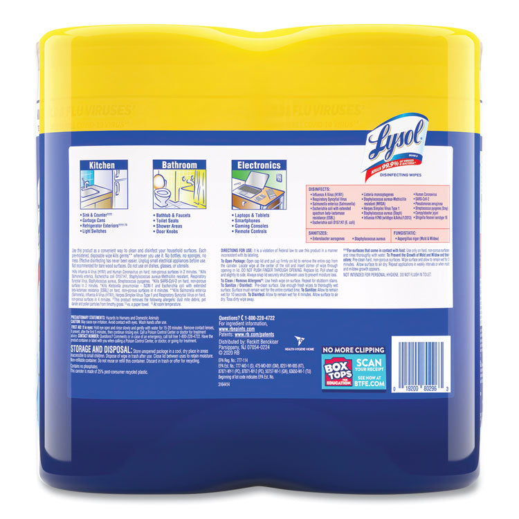 LYSOL® Brand Disinfecting Wipes, 1-Ply, 7 x 7.25, Lemon and Lime Blossom, White, 80 Wipes/Canister, 2 Canisters/Pack, 3 Packs/Carton (RAC80296) Case of 3 Packs