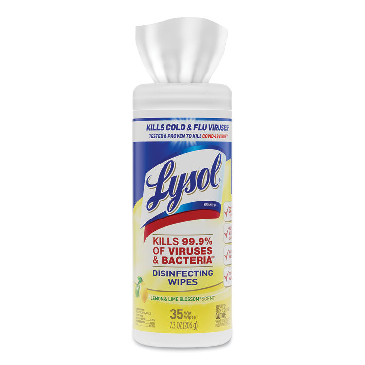 LYSOL® Brand Disinfecting Wipes, 1-Ply, 7 x 7.25, Lemon and Lime Blossom, White, 35 Wipes/Canister, 12 Canisters/Carton (RAC81145CT)