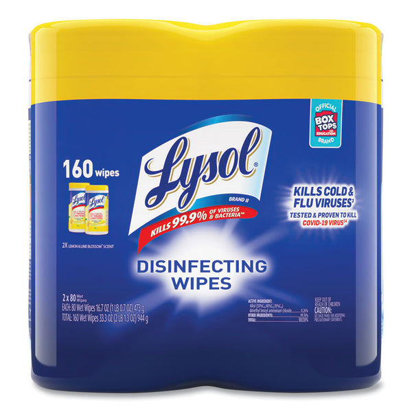 LYSOL® Brand Disinfecting Wipes, 1-Ply, 7 x 7.25, Lemon and Lime Blossom, White, 80 Wipes/Canister, 2 Canisters/Pack (RAC80296PK)