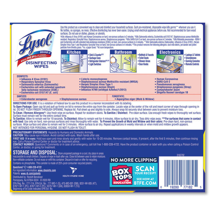 LYSOL® Brand Disinfecting Wipes, 1-Ply, 7 x 7.25, Lemon and Lime Blossom, White, 80 Wipes/Canister, 6 Canisters/Carton (RAC77182CT)