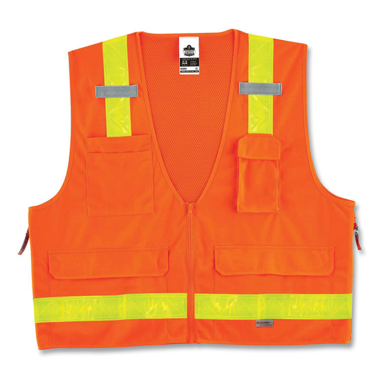 ergodyne® GloWear 8250ZHG Class 2 Hi-Gloss Surveyors Zipper Vest, Polyester, Small/Medium, Orange, Ships in 1-3 Business Days (EGO21433) Each