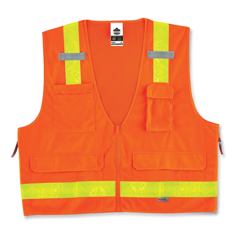 ergodyne® GloWear 8250ZHG Class 2 Hi-Gloss Surveyors Zipper Vest, Polyester, 2X-Large/3X-Large, Orange, Ships in 1-3 Business Days (EGO21437) Each