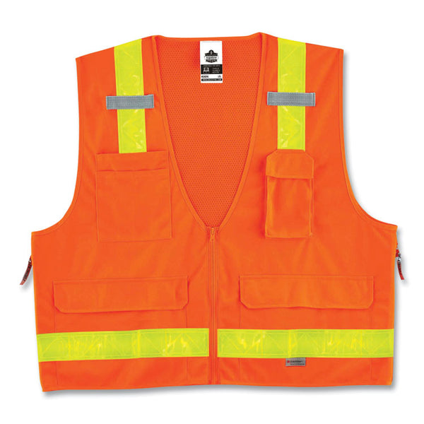 ergodyne® GloWear 8250ZHG Class 2 Hi-Gloss Surveyors Zipper Vest, Polyester, 4X-Large/5X-Large, Orange, Ships in 1-3 Business Days (EGO21439) Each