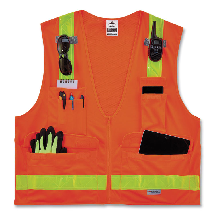 ergodyne® GloWear 8250ZHG Class 2 Hi-Gloss Surveyors Zipper Vest, Polyester, 4X-Large/5X-Large, Orange, Ships in 1-3 Business Days (EGO21439) Each