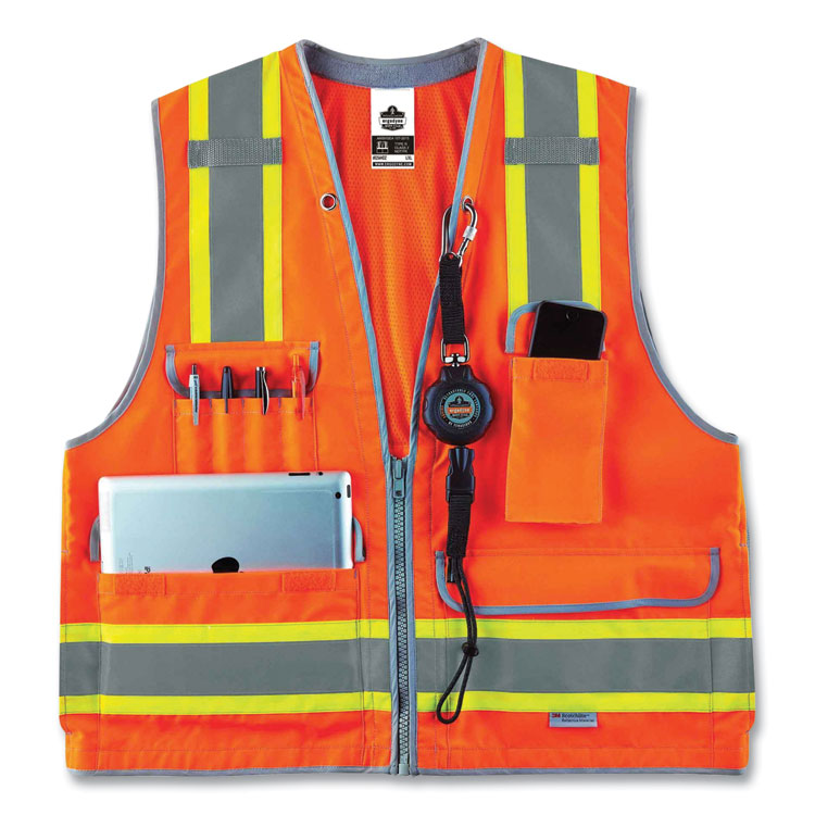 ergodyne® GloWear 8254HDZ Class 2 Heavy-Duty Surveyors Zipper Vest, Polyester, Large/X-Large, Orange, Ships in 1-3 Business Days (EGO21455) Each