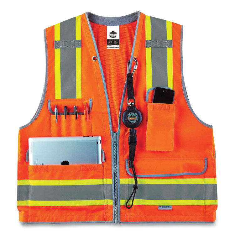 ergodyne® GloWear 8254HDZ Class 2 Heavy-Duty Surveyors Zipper Vest, Polyester, 4X-Large/5X-Large, Orange, Ships in 1-3 Business Days (EGO21459) Each