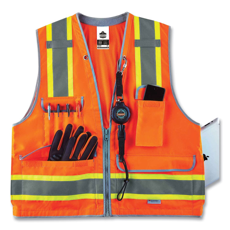 ergodyne® GloWear 8254HDZ Class 2 Heavy-Duty Surveyors Zipper Vest, Polyester, 4X-Large/5X-Large, Orange, Ships in 1-3 Business Days (EGO21459) Each