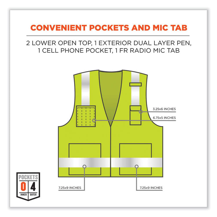 ergodyne® GloWear 8262FRZ Class 2 FR Surveyor Zip Vest, Tencel/Modacrylic/Para-aramid/Kevlar, 2XL/3XL, Lime, Ships in 1-3 Business Days (EGO21487) Each