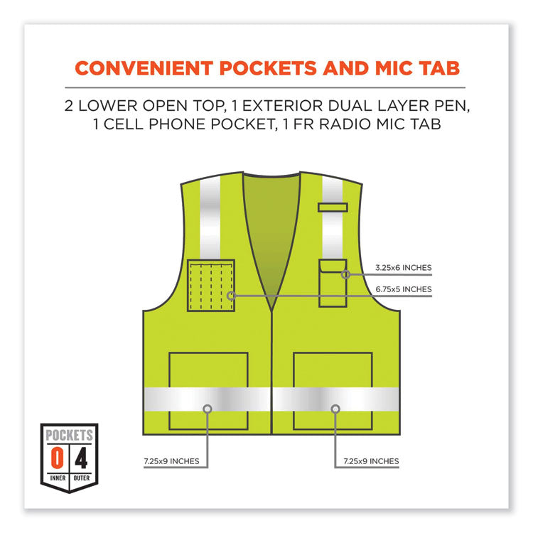 ergodyne® GloWear 8262FRZ Class 2 FR Surveyor Zip Vest, Tencel/Modacrylic/Para-aramid/Kevlar, 4XL/5XL, Lime, Ships in 1-3 Business Days (EGO21489) Each