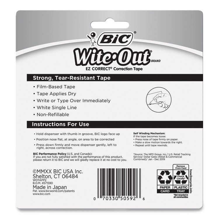 BIC® Wite-Out EZ Correct Correction Tape, Non-Refillable, Blue/Orange Applicators, 0.17" x 472", 2/Pack (BICWOTAPP21) Pack of 2