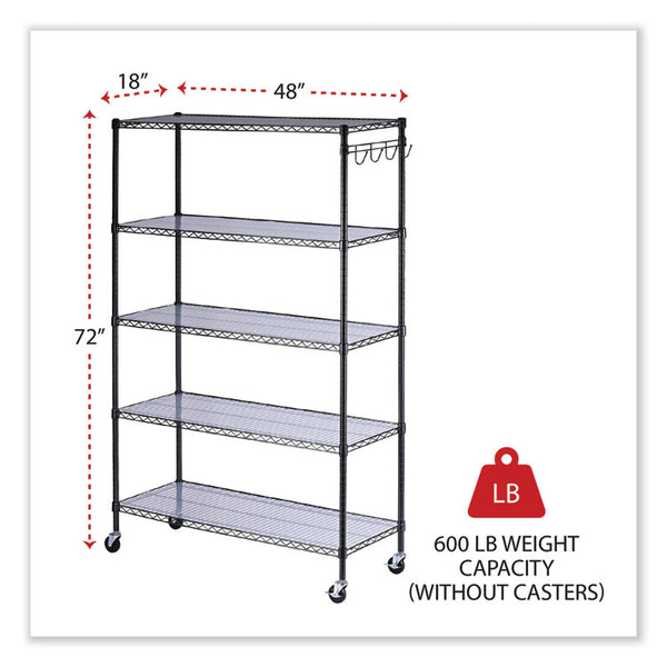 Alera® 5-Shelf Wire Shelving Kit with Casters and Shelf Liners, 48w x 18d x 72h, Black Anthracite (ALESW654818BA)