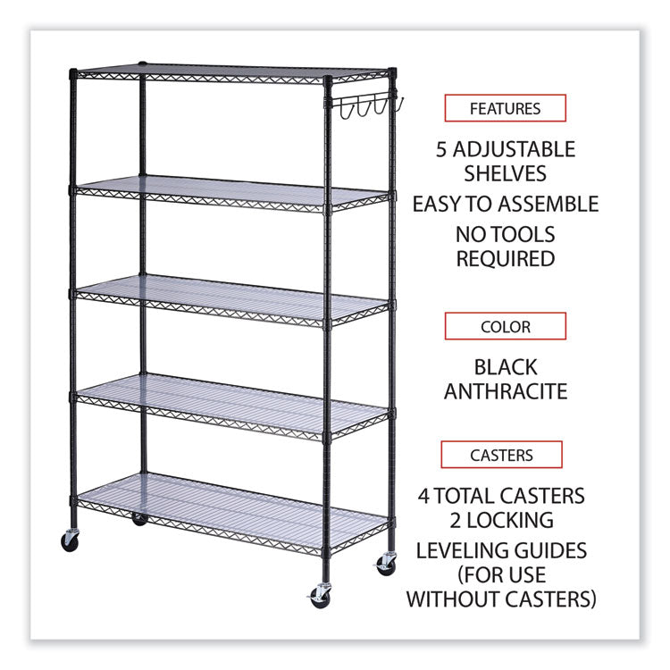 Alera® 5-Shelf Wire Shelving Kit with Casters and Shelf Liners, 48w x 18d x 72h, Black Anthracite (ALESW654818BA)