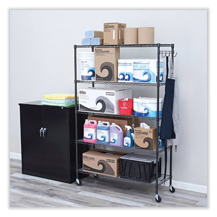 Alera® 5-Shelf Wire Shelving Kit with Casters and Shelf Liners, 48w x 18d x 72h, Black Anthracite (ALESW654818BA)