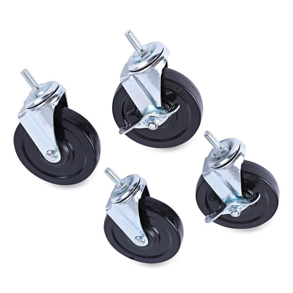 Alera® Optional Casters for Wire Shelving, Grip Ring Type K Stem, 4" Wheel, Black/Silver, 4/Set (2 Locking) (ALESW690004)