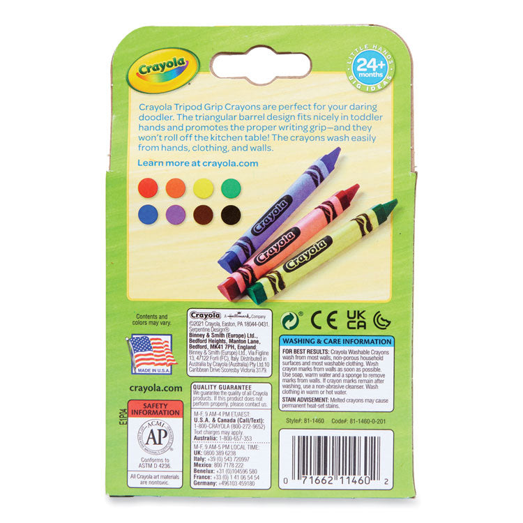 Crayola® Washable Tripod Grip Crayons, Assorted Colors, 8/Pack (CYO811460) Pack of 8