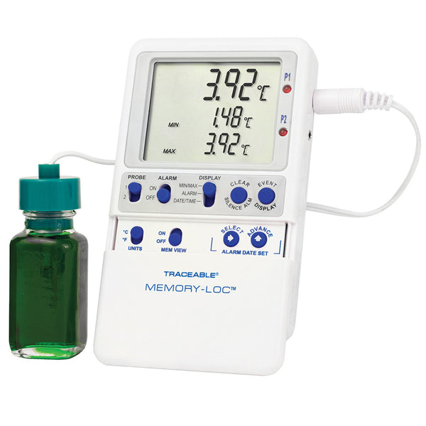 Traceable® Memory-Loc™ Refrigerator / Freezer Temperature Data Logger with Alarm Fahrenheit / Celsius -58° to +158°F (-50° to +70°C) Glycol Bottle Probe Multiple Mounting Options Battery Operated (922982_EA) 1/EA